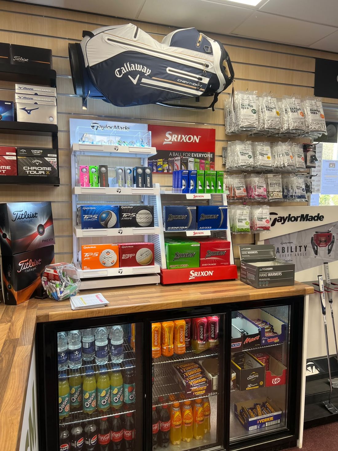 Golf balls, tees and the drinks fridge